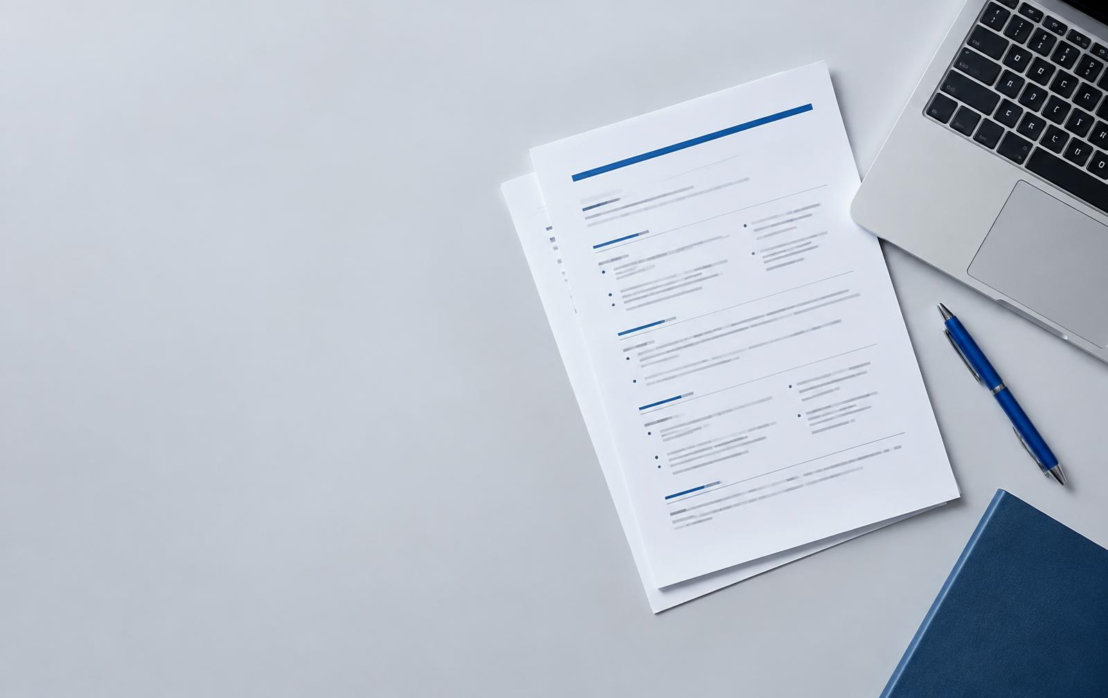 Resume documents, a blue pen and a laptop on a writing desk
